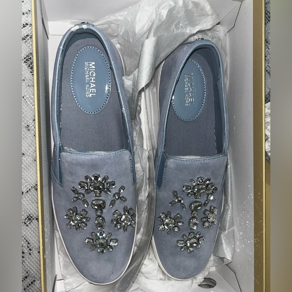 MICHAEL KORS Pale Blue Keaton Embellished Suede Leather Slip-On Sneaker - Picture 8 of 13
